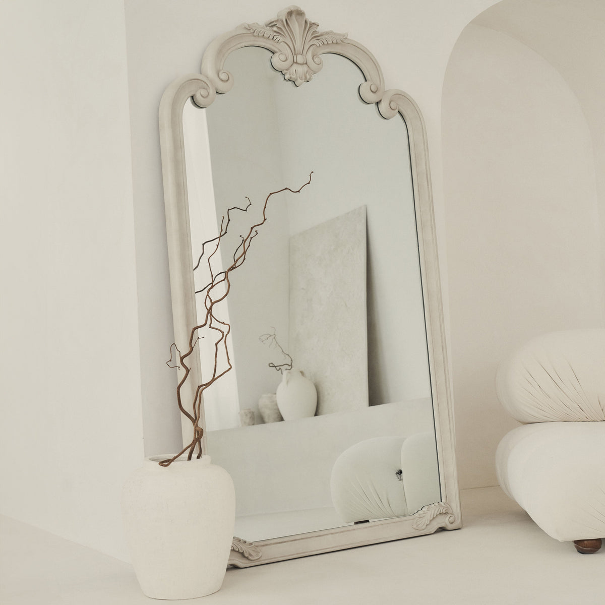 Full Length Extra Large Concrete Ornate Mirror leaning against wall