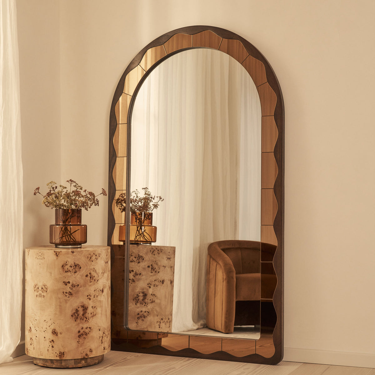 Mirella - Full Length Dark Wood Arched Wooden Mirror 182cm x 105cm