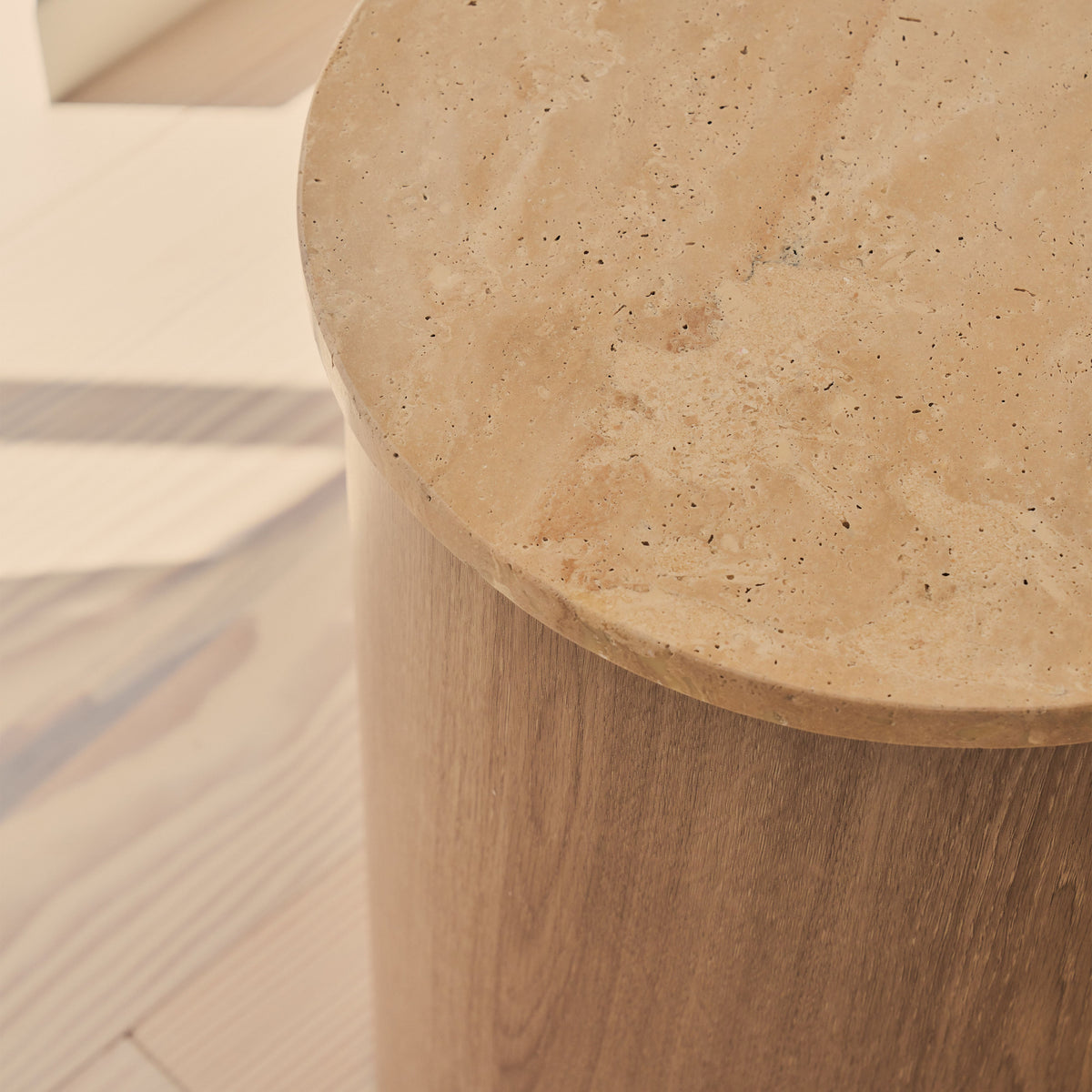 Madison - Beige Travertine Round Washed Wood Side Table