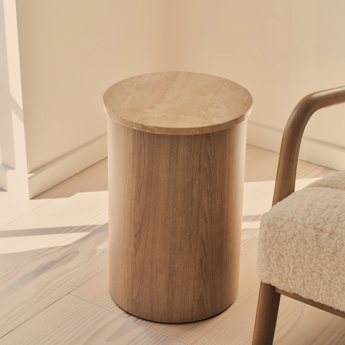 Madison - Beige Travertine Round Washed Wood Side Table