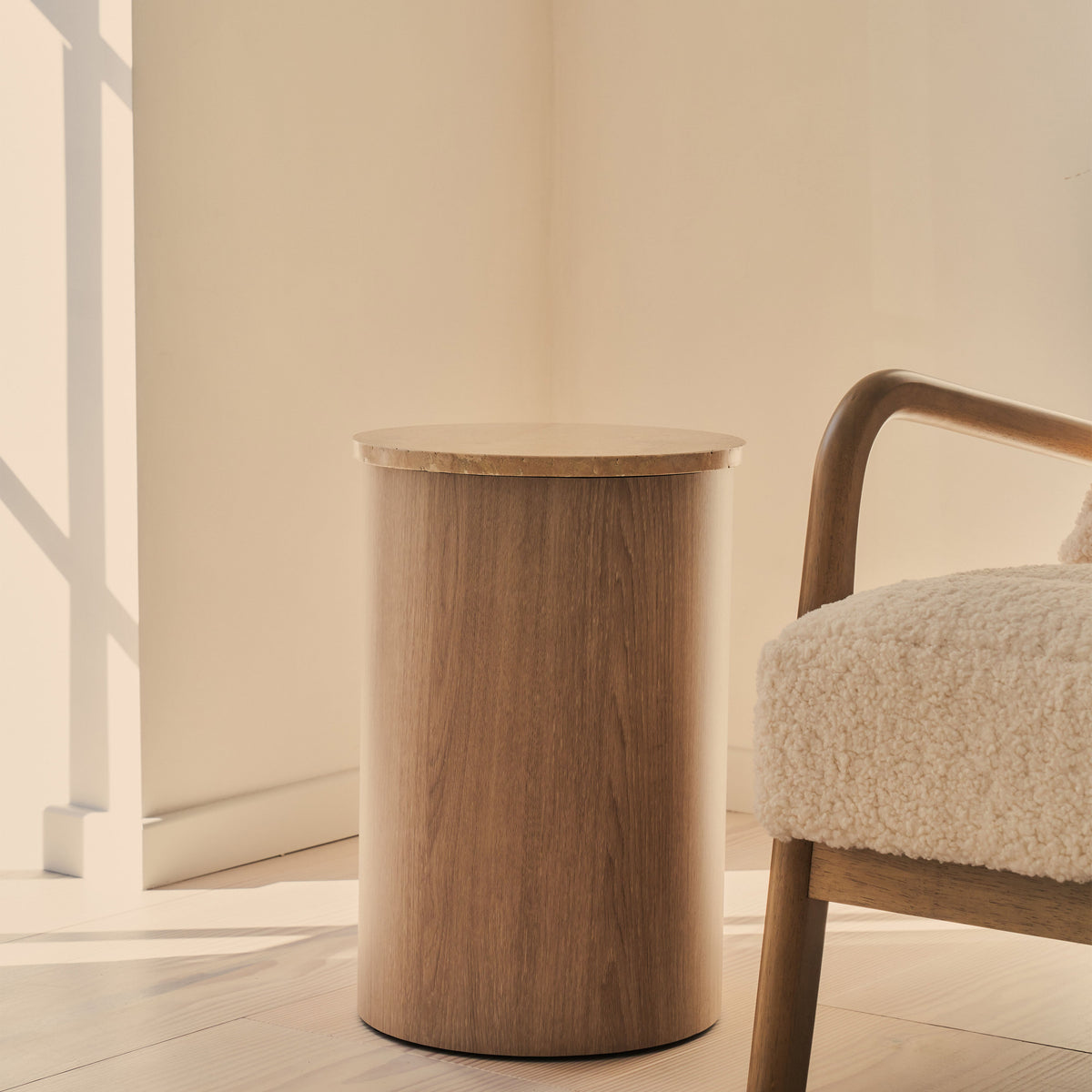Madison - Beige Travertine Round Washed Wood Side Table