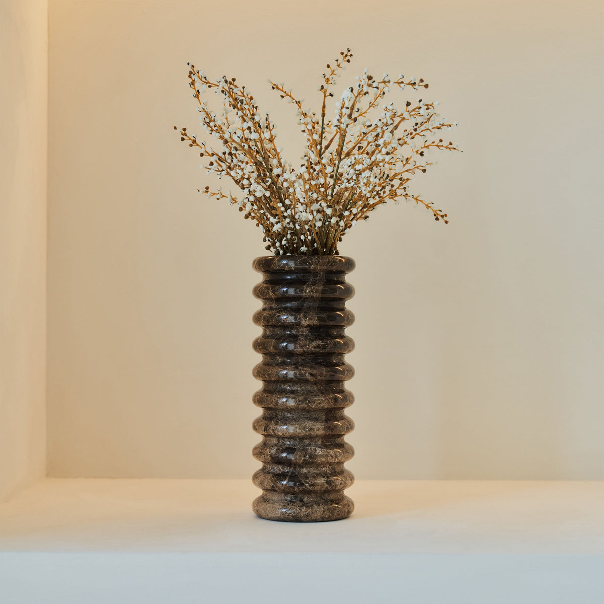 Varella - Large Dark Emperador Marble Ribbed Decorative Vase 25cm