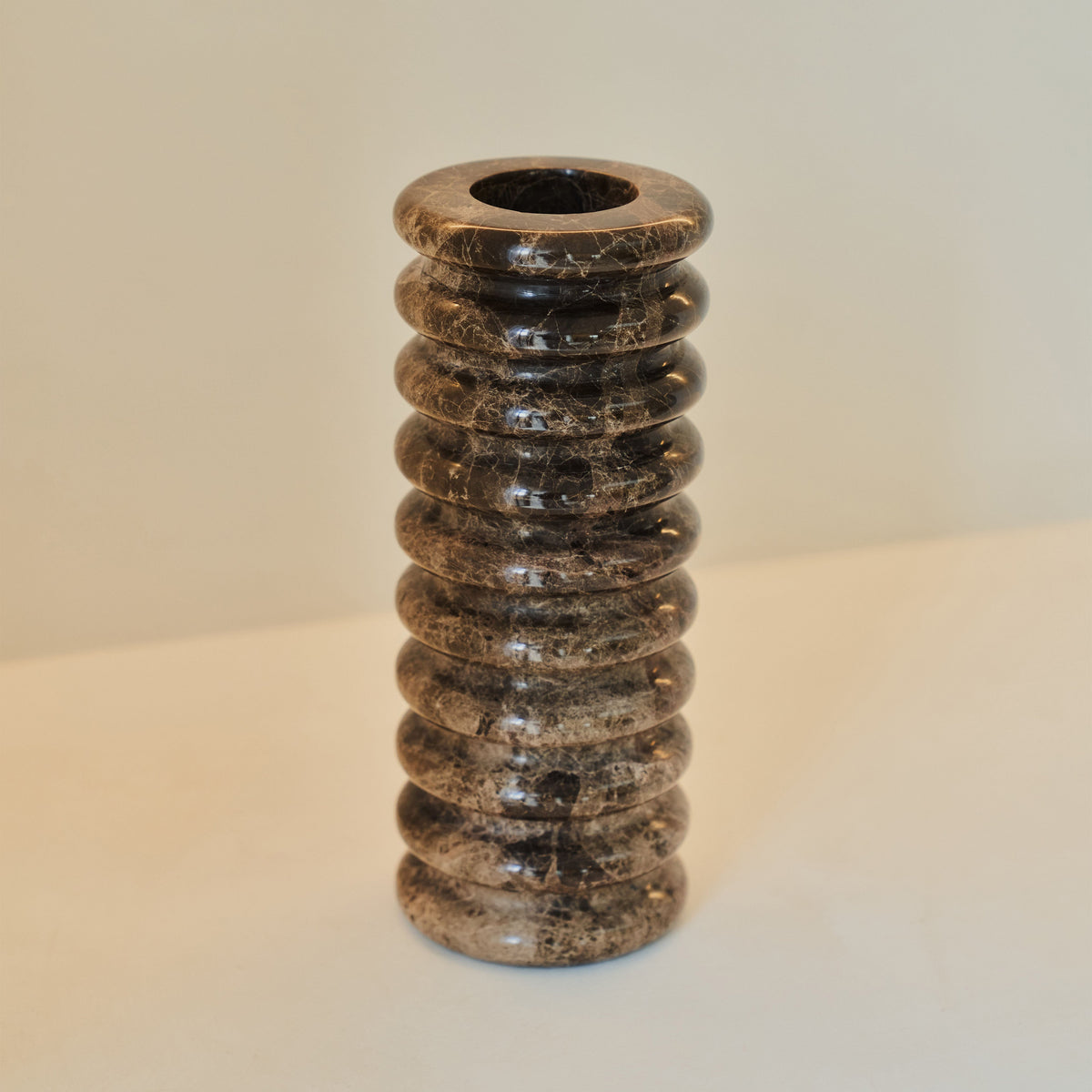Varella - Large Dark Emperador Marble Ribbed Decorative Vase 25cm