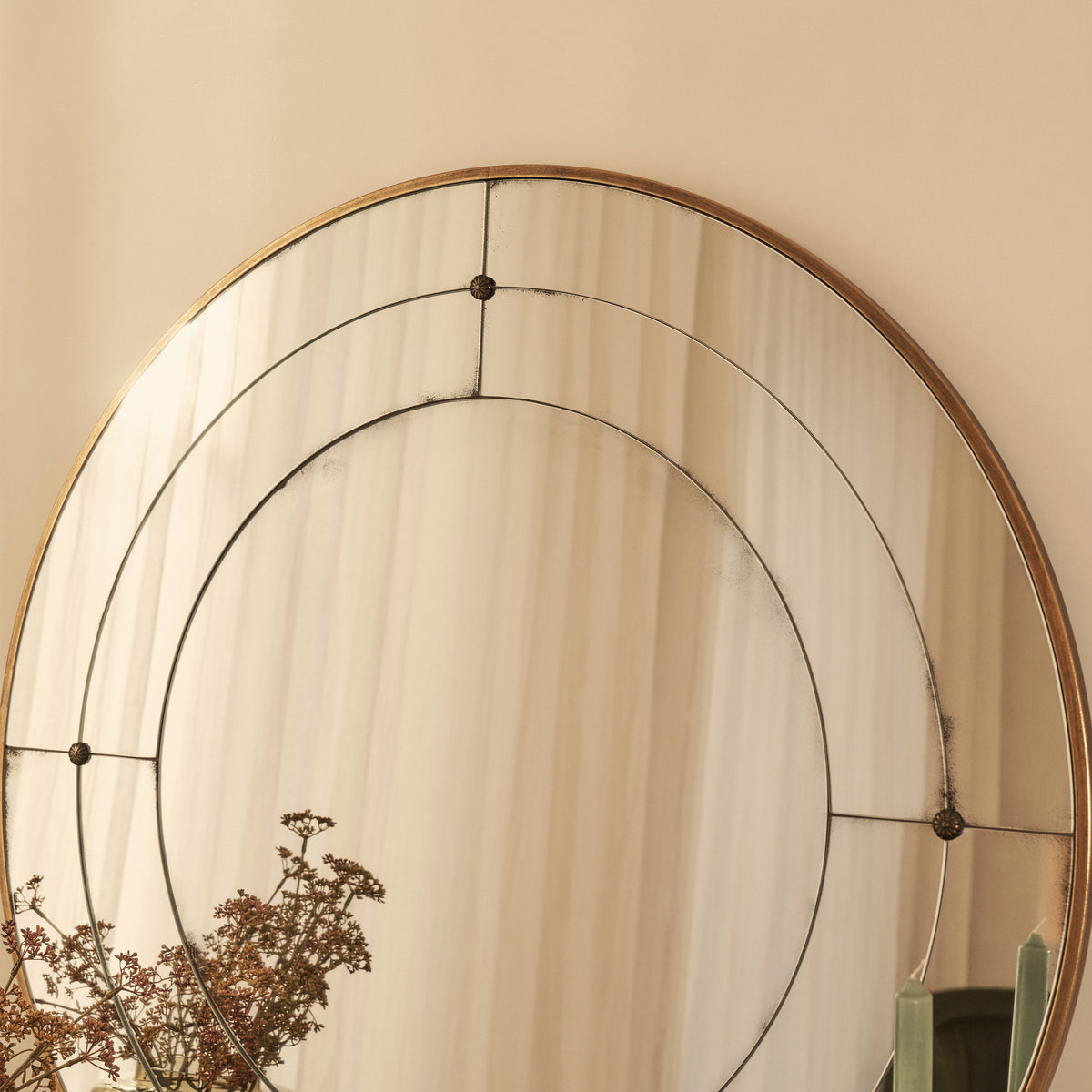 Teramo - Gold Antique Glass Round Metal Wall Mirror 90cm x 90cm