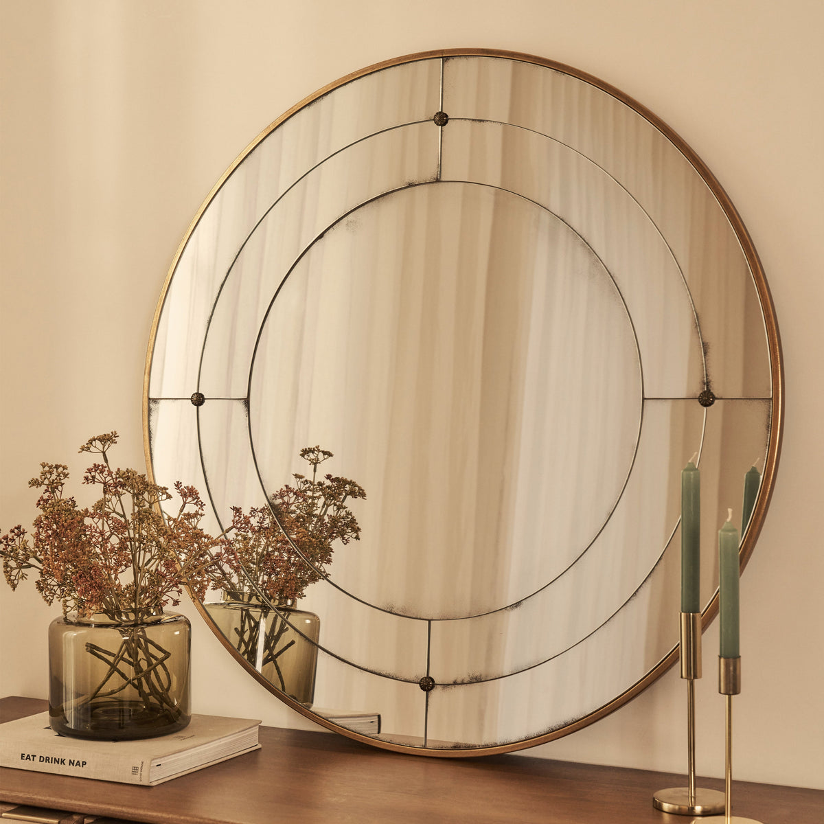 Teramo - Gold Antique Glass Round Metal Wall Mirror 90cm x 90cm