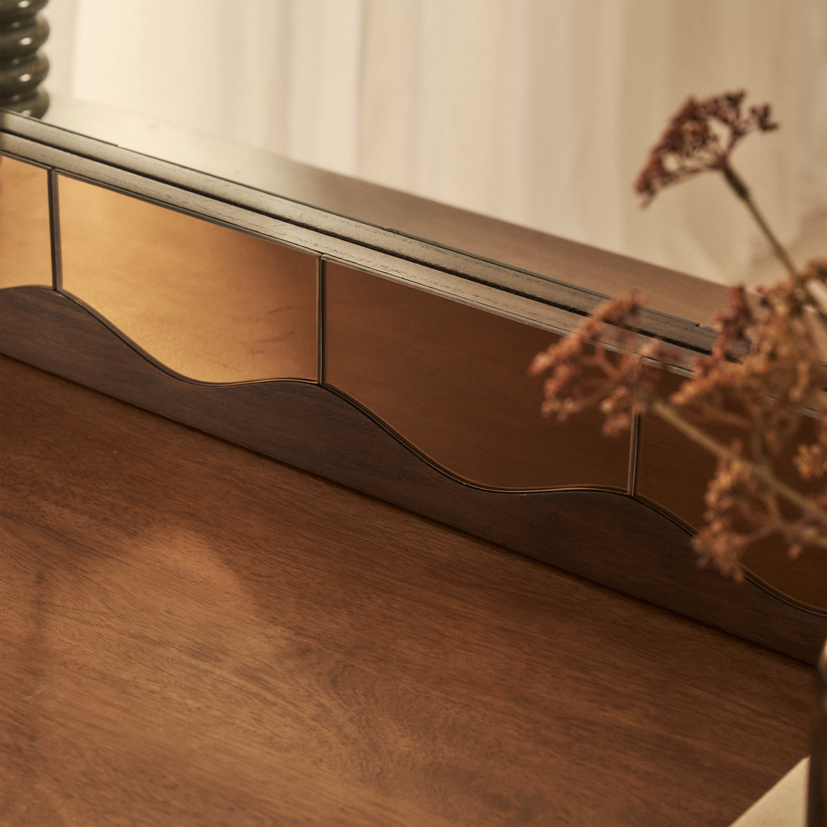 Mirella - Dark Wood Arched Wooden Overmantle Mirror 120cm x 100cm