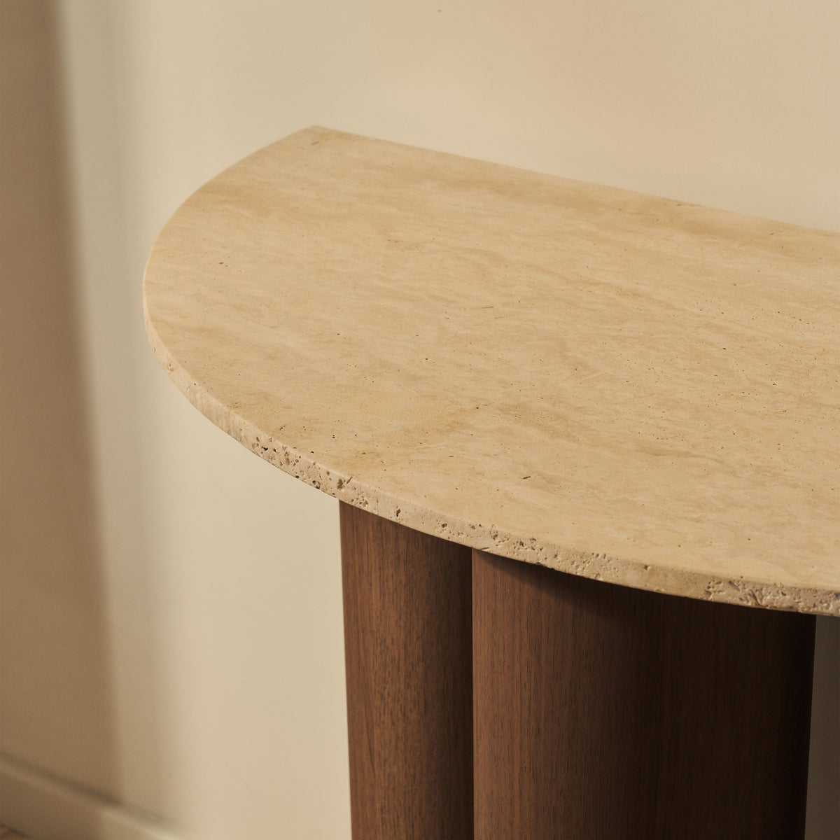 Trivium - Beige Travertine Curved Dark Wood Premium Console Table