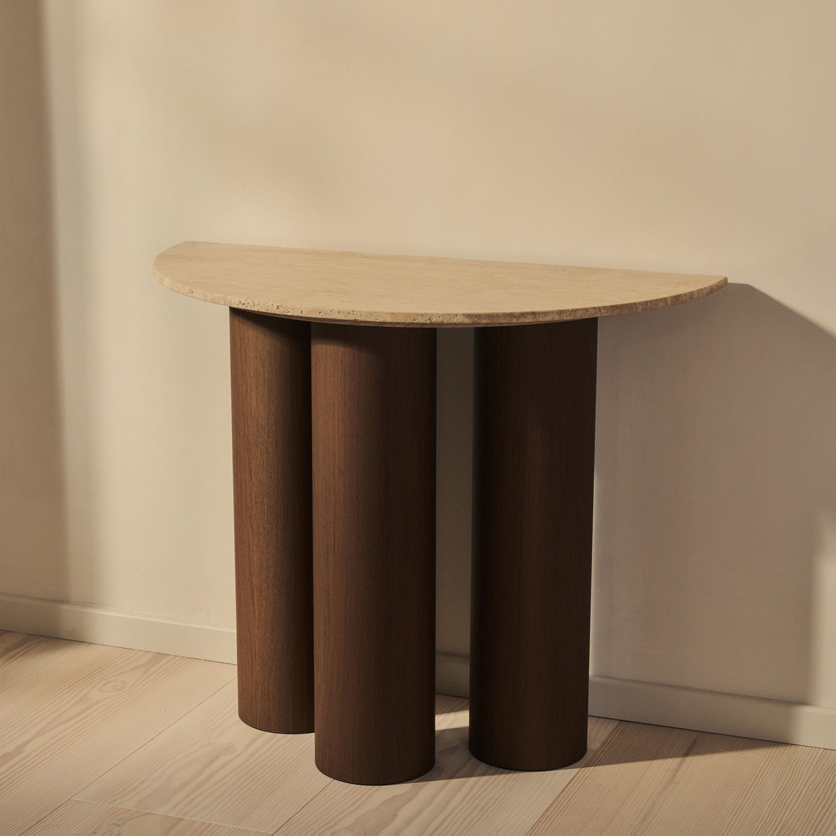 Trivium - Beige Travertine Curved Dark Wood Premium Console Table