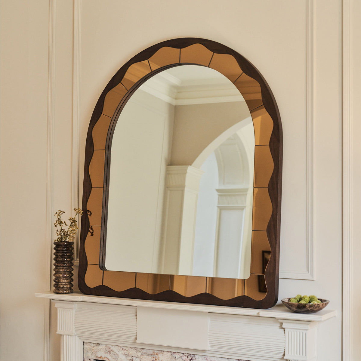 Mirella - Dark Wood Arched Wooden Overmantle Mirror 120cm x 100cm