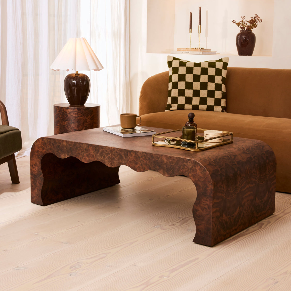 Serafina - Dark Burl Wavy Arched Dark Wood Premium Coffee Table