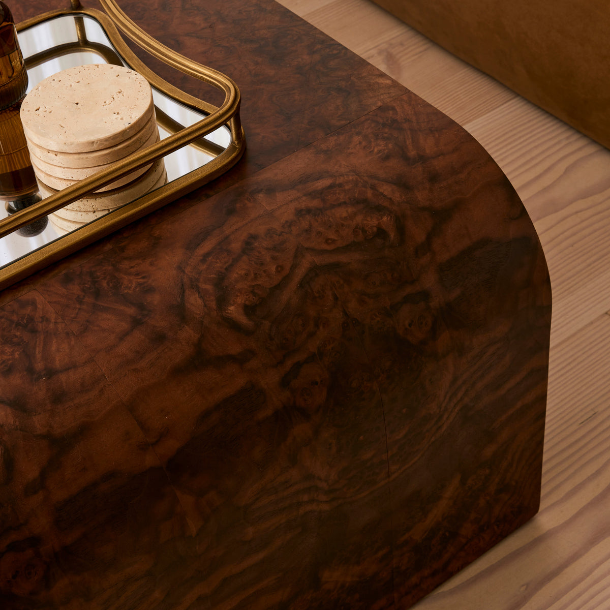 Serafina - Dark Burl Wavy Arched Dark Wood Premium Coffee Table