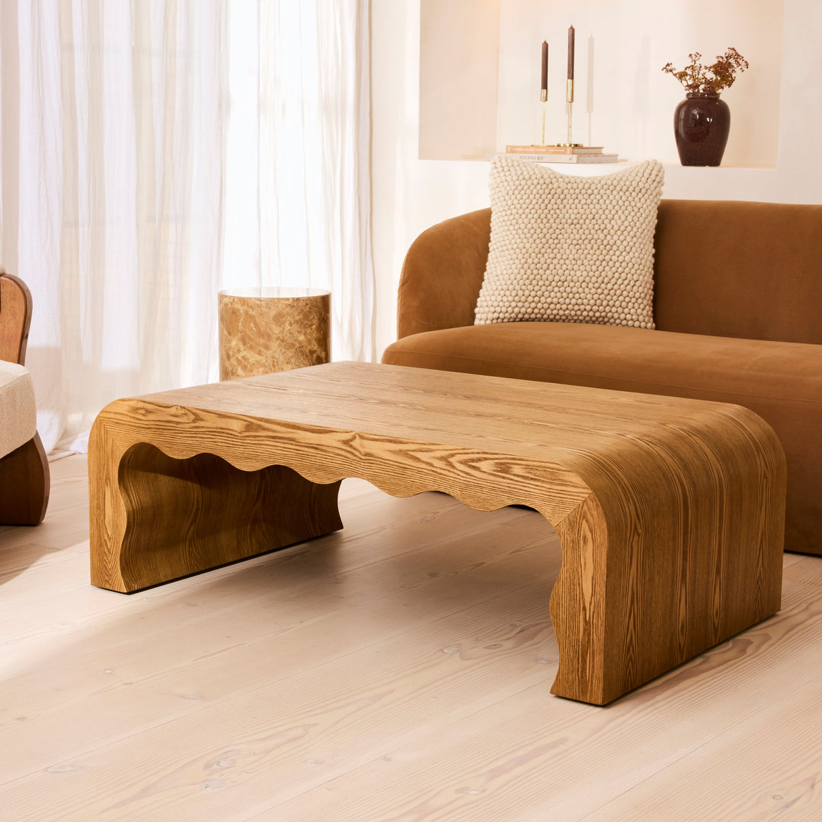 Serafina- Warm Wood Wavy Arched Premium Coffee Table