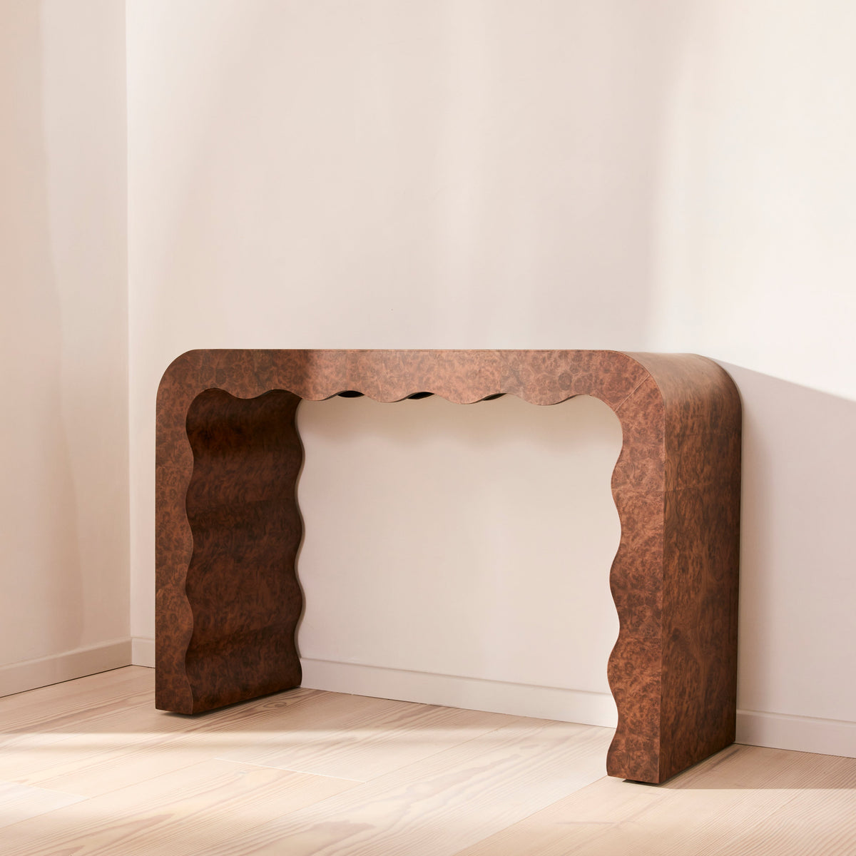 Serafina - Dark Burl Wavy Arched Dark Wood Premium Console Table