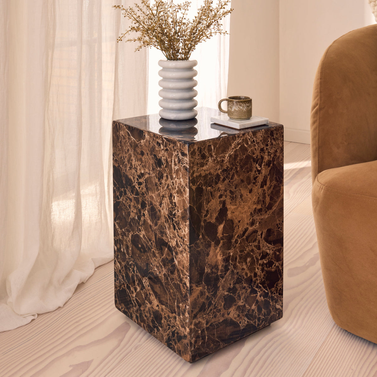 Atella - Dark Emperador Rectangular Premium Solid Marble Side Table