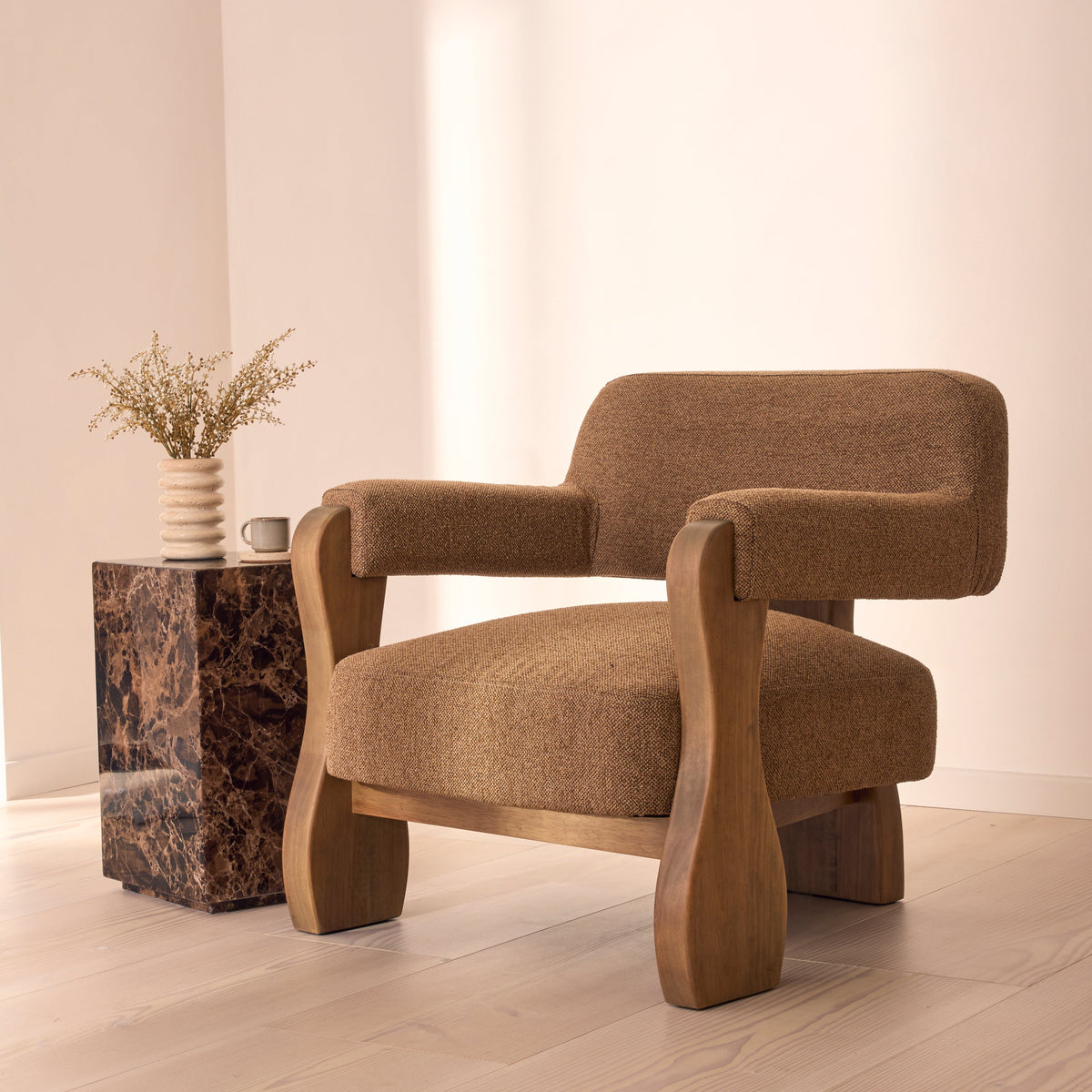 Ferne - Fabric Accent Chair Brown & Warm Wood