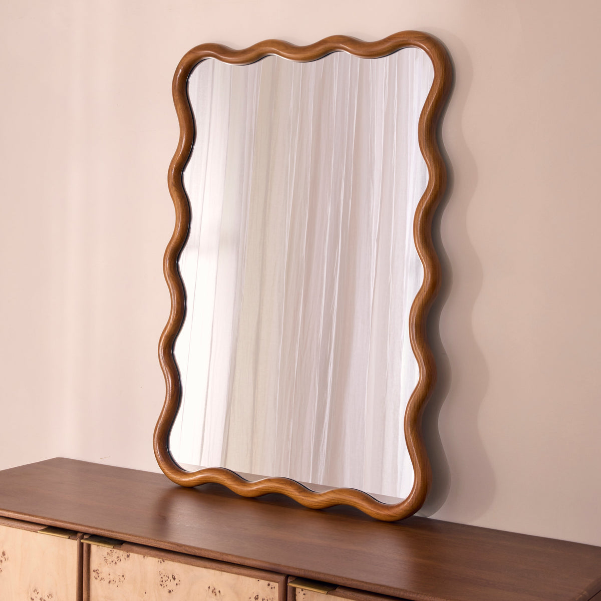 Marea - Dark Wood Wavy Retro Wall Mirror 100cm x 70cm