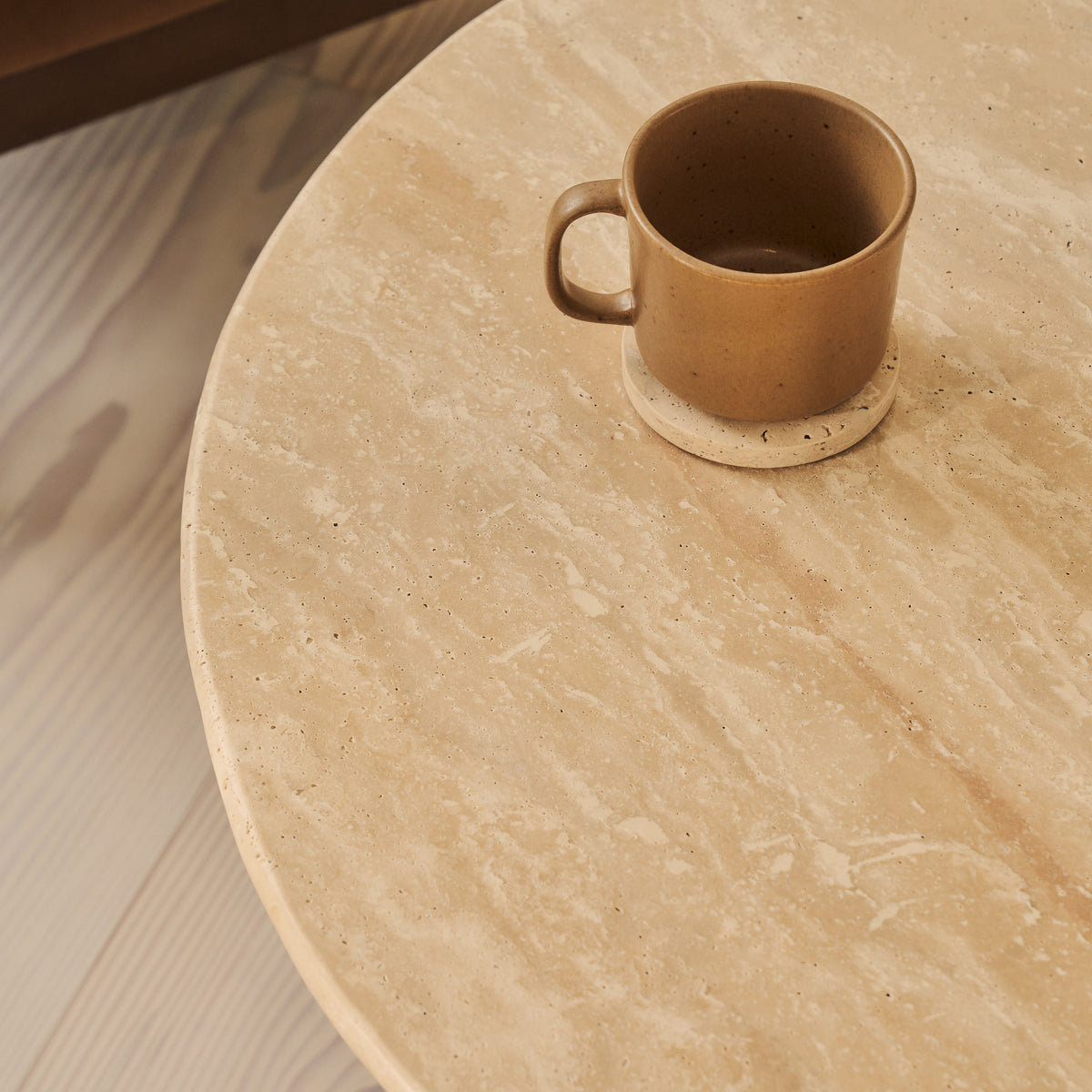 Trivium - Beige Travertine Round Dark Wood Premium Coffee Table