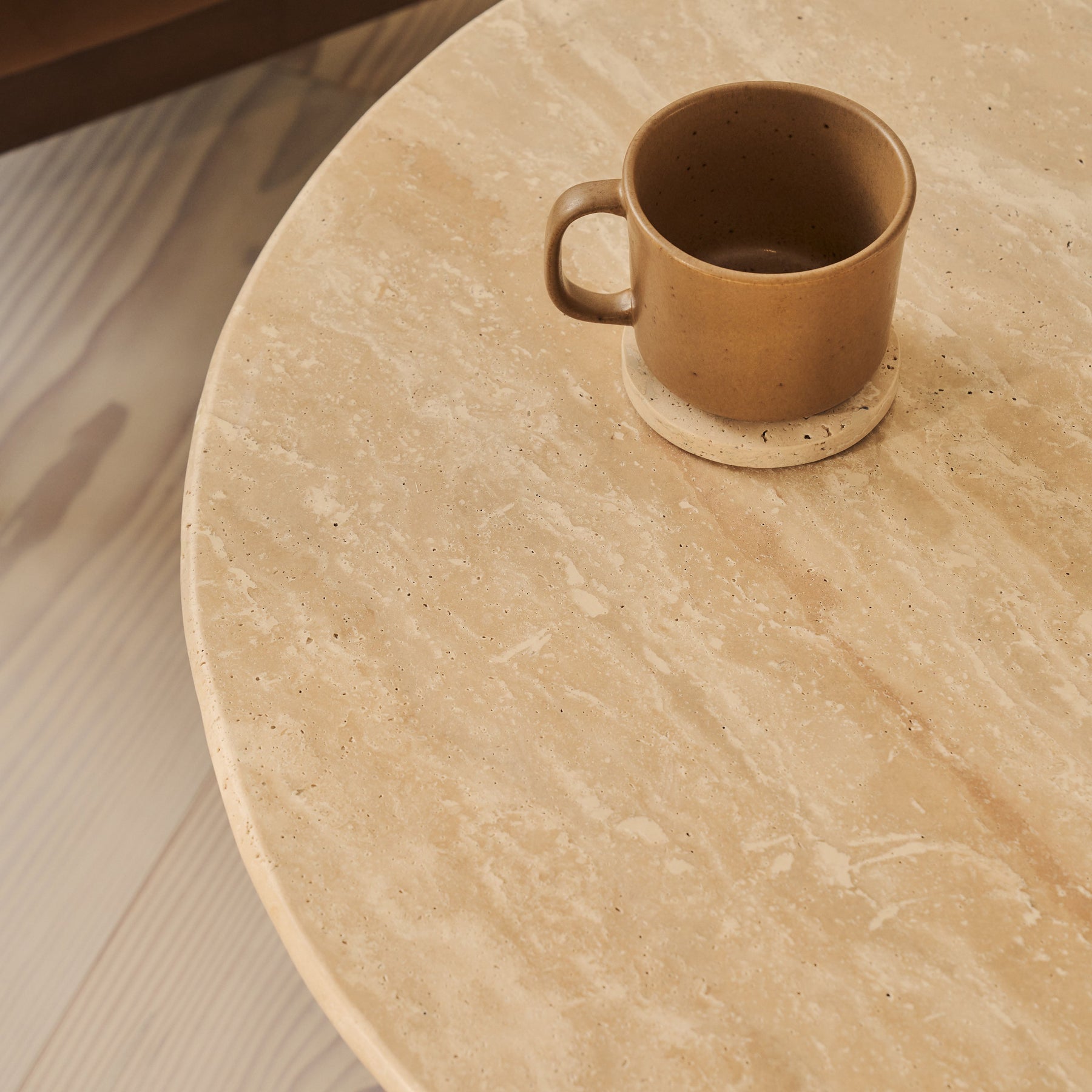 Trivium - Beige Travertine Round Dark Wood Premium Coffee Table