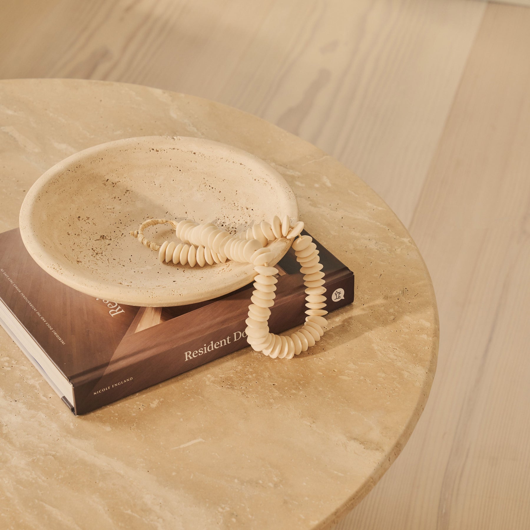 Trivium - Beige Travertine Round Dark Wood Premium Coffee Table