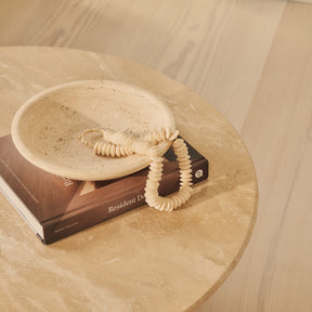 Trivium - Beige Travertine Round Dark Wood Premium Coffee Table