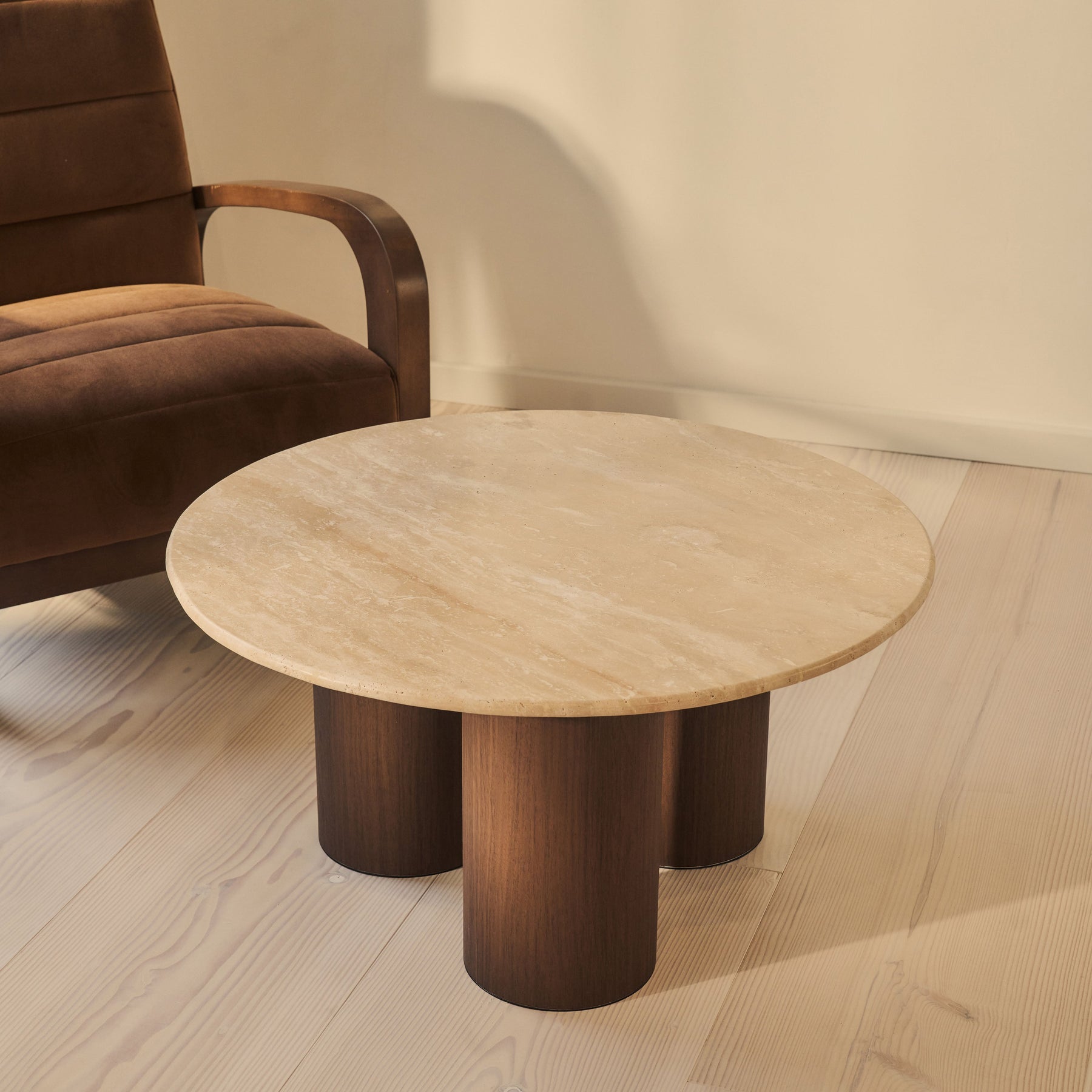 Trivium - Beige Travertine Round Dark Wood Premium Coffee Table