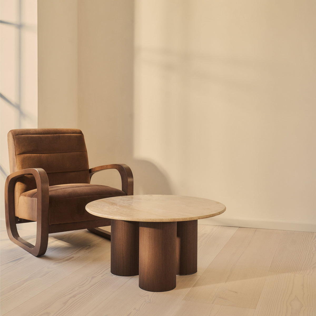 Trivium - Beige Travertine Round Dark Wood Premium Coffee Table