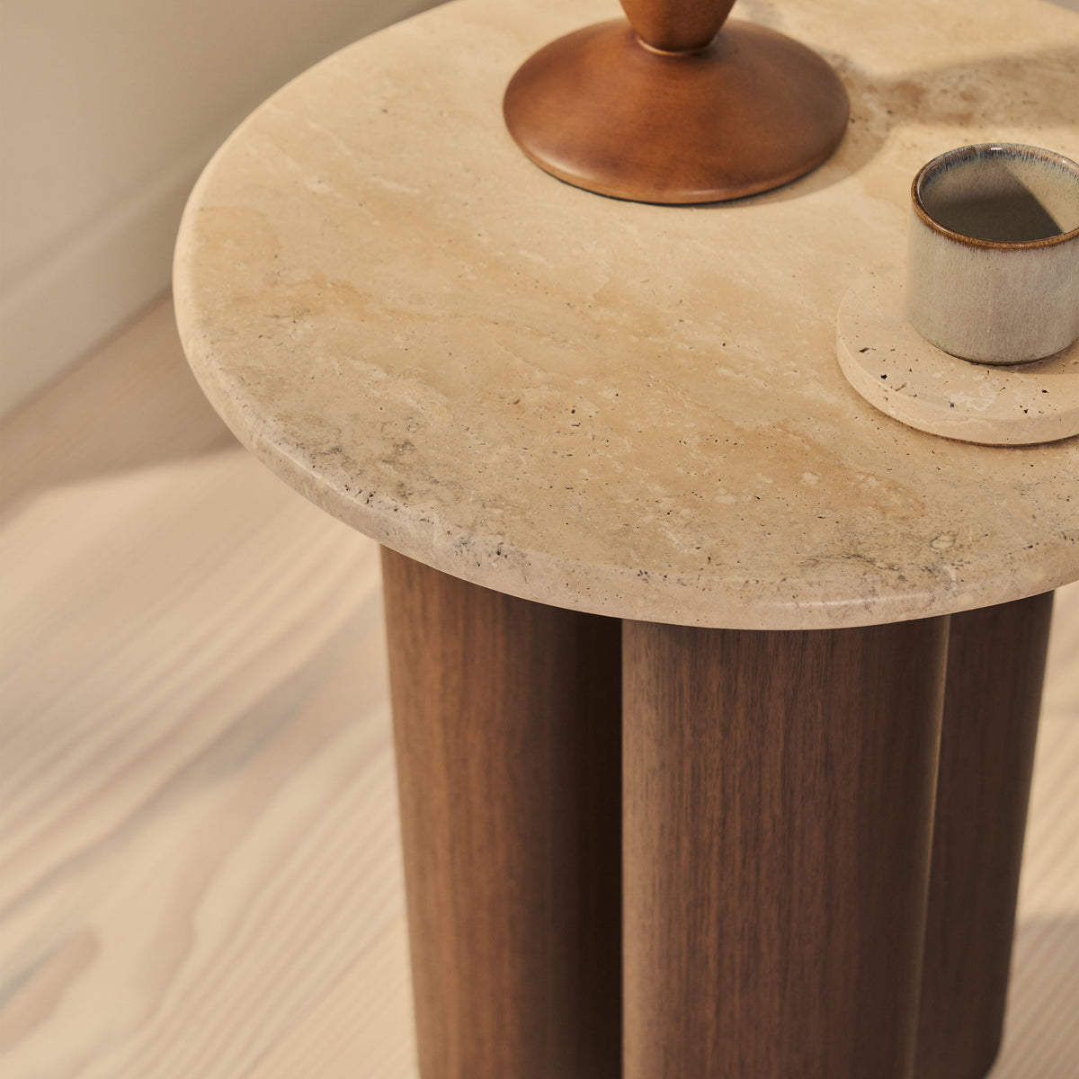 Trivium - Beige Travertine Round Dark Wood Premium Side Table