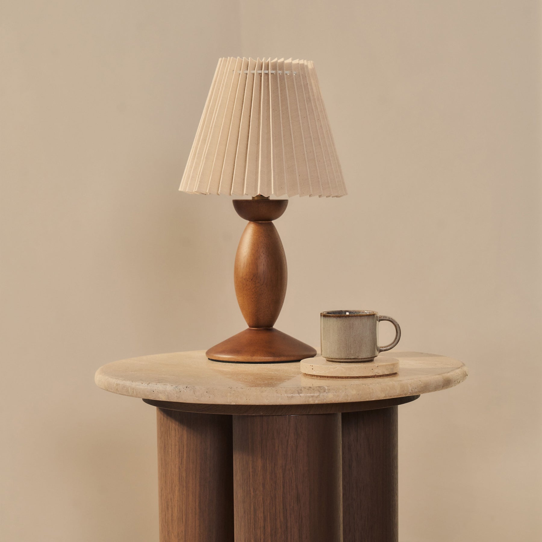 Trivium - Beige Travertine Round Dark Wood Premium Side Table