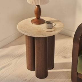 Trivium - Beige Travertine Round Dark Wood Premium Side Table