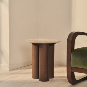 Trivium - Beige Travertine Round Dark Wood Premium Side Table