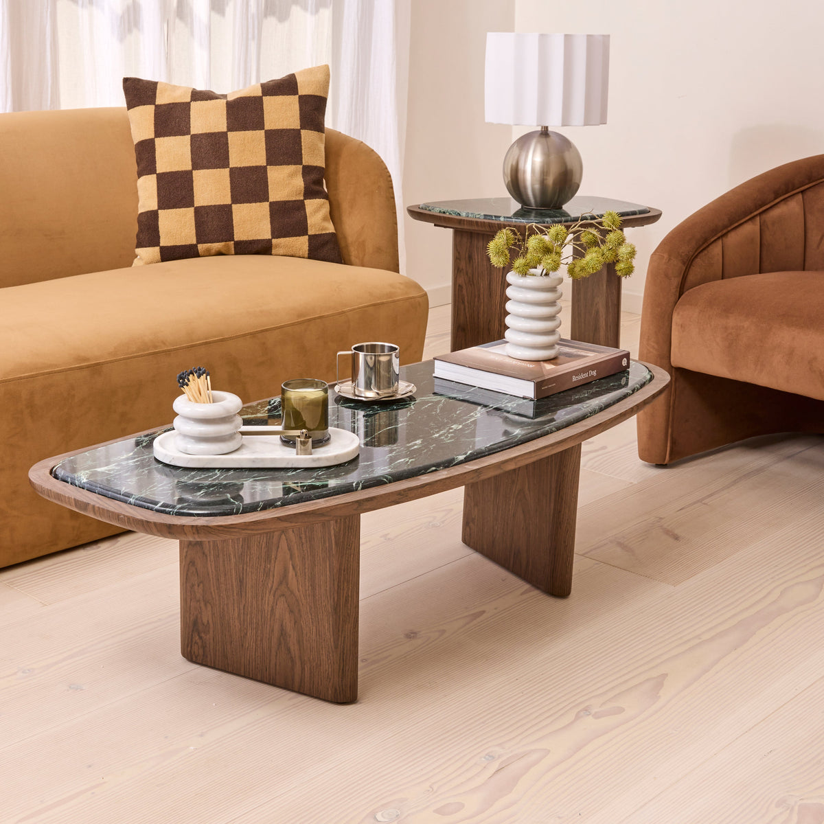 Belmont - Green Marble Irregular Dark Wood Extra Large Coffee Table
