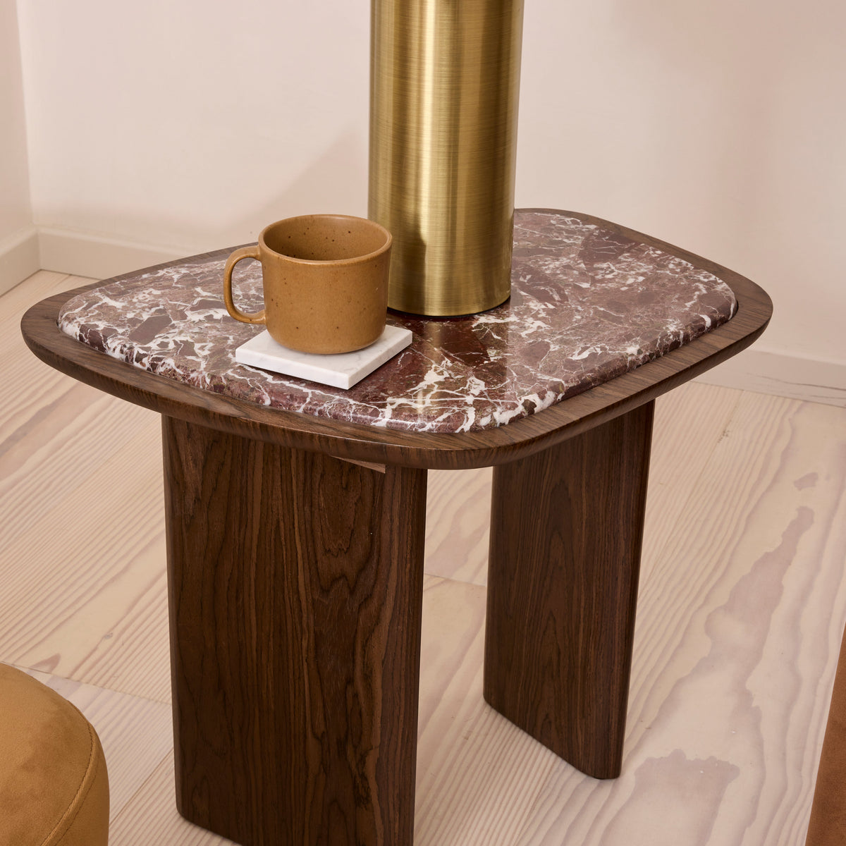 Belmont - Red Marble Irregular Dark Wood Side Table