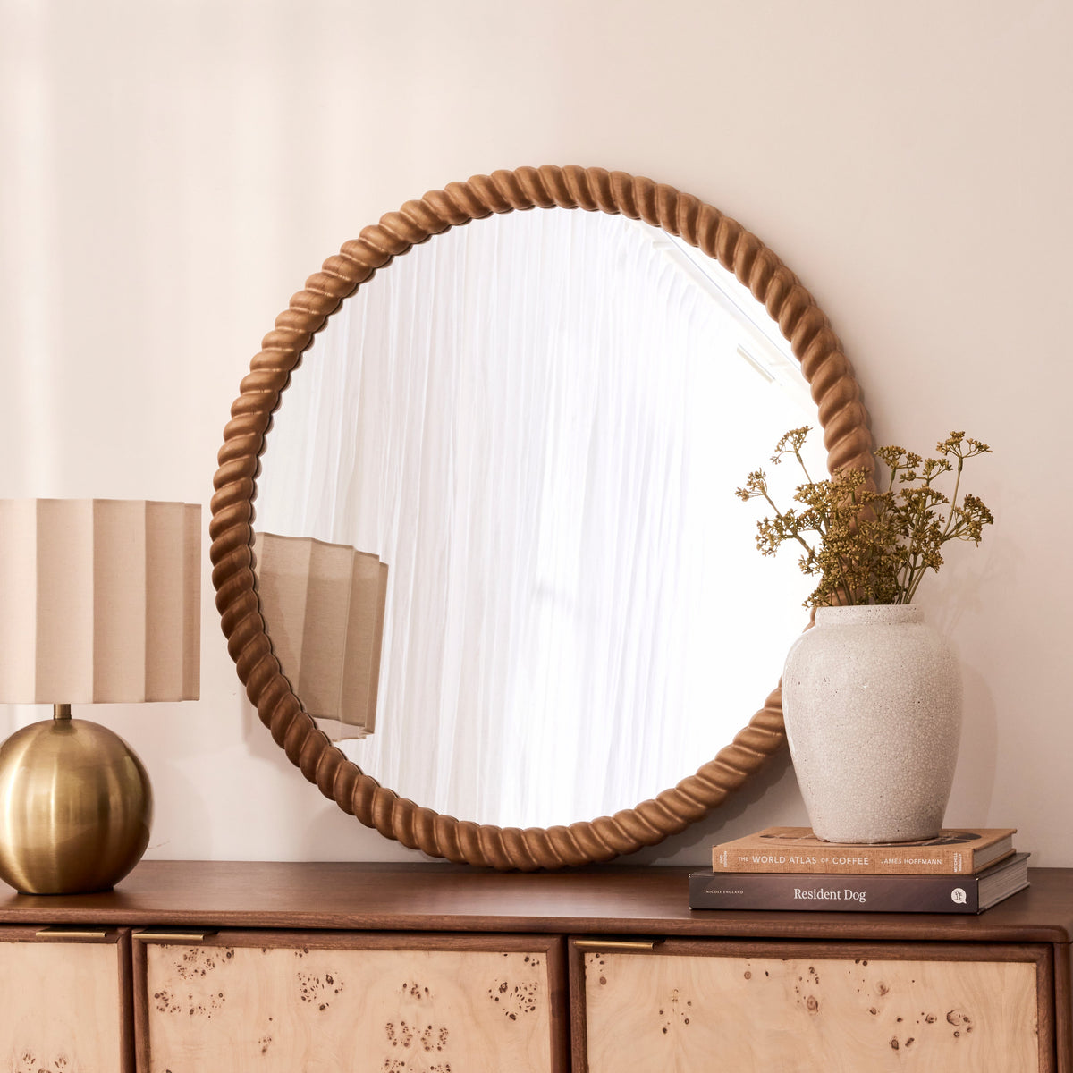Cordelia - Warm Wood Rope Twist Round Wall Mirror 80cm x 80cm