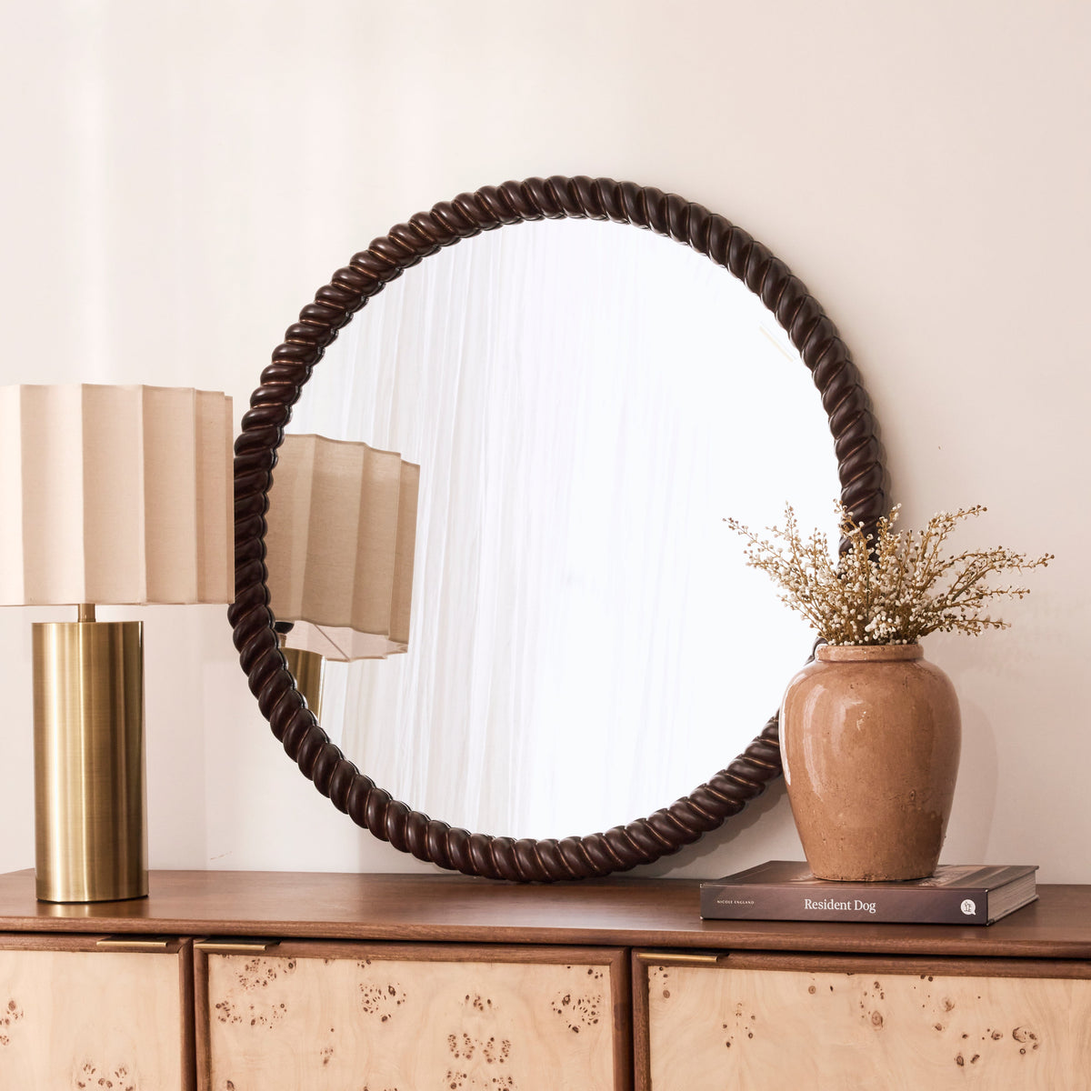 Cordelia - Dark Wood Rope Twist Round Wall Mirror 80cm x 80cm