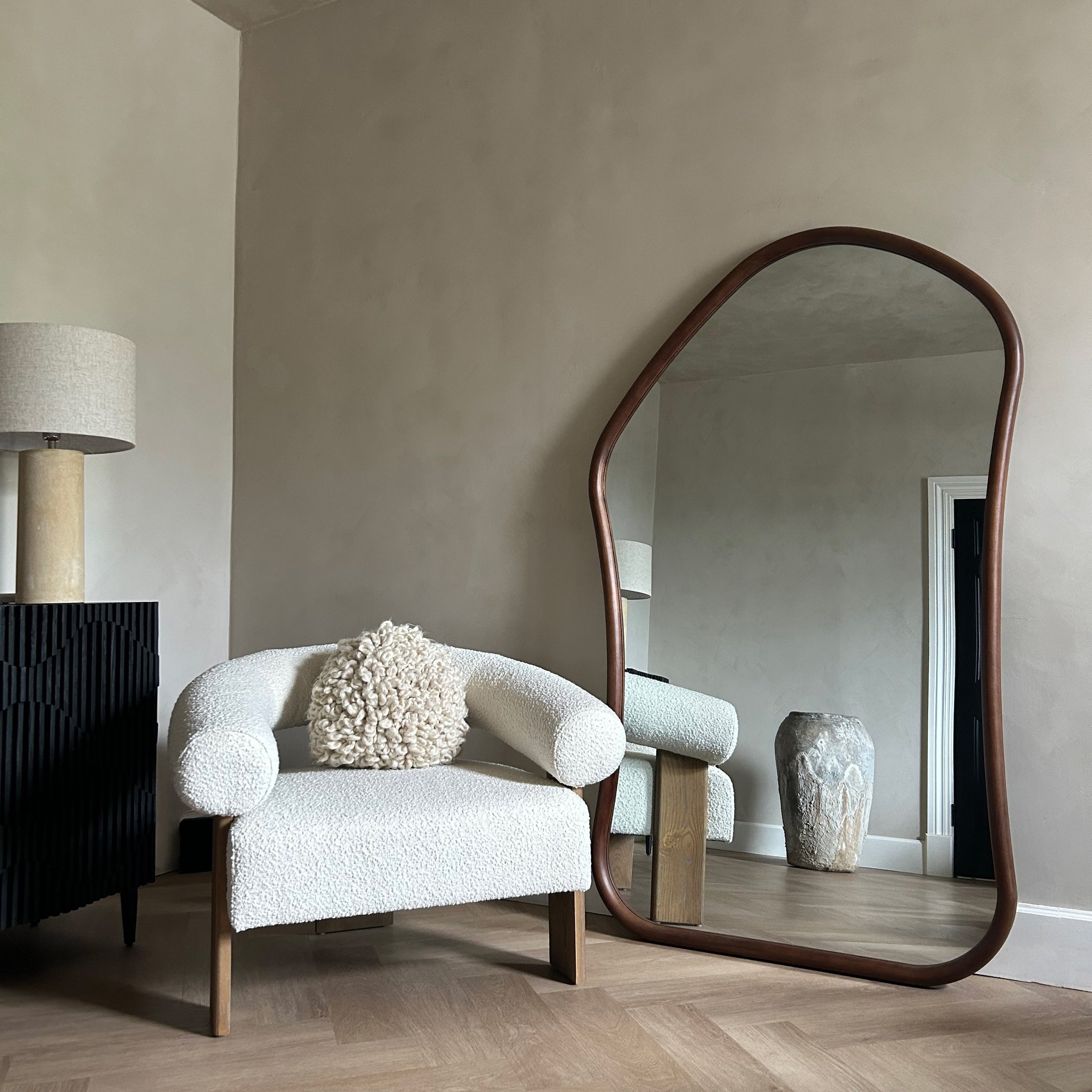 Extra Large Full Length Light Wood Irregular Mirror beside chair