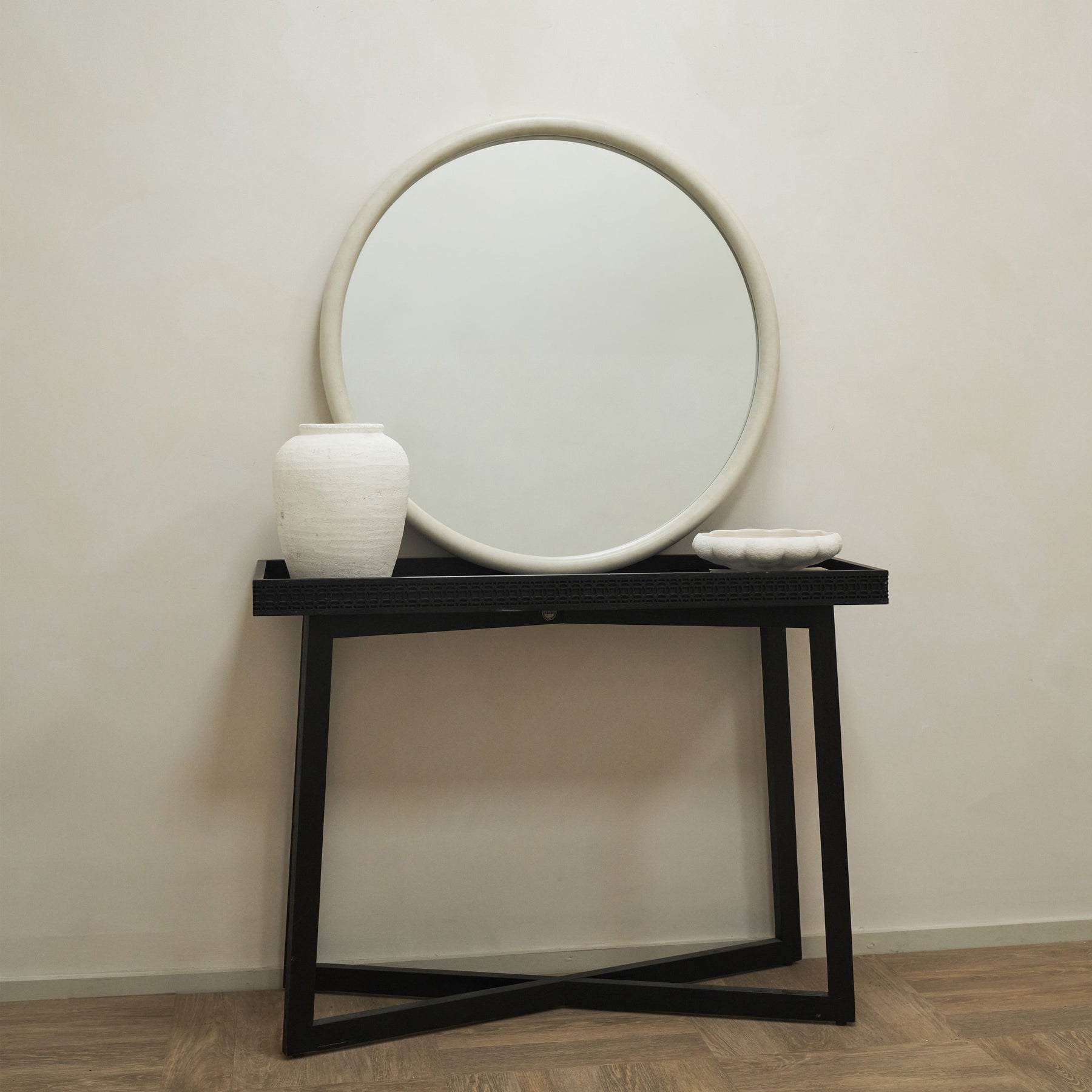 Large Concrete Round Wall Mirror on console table