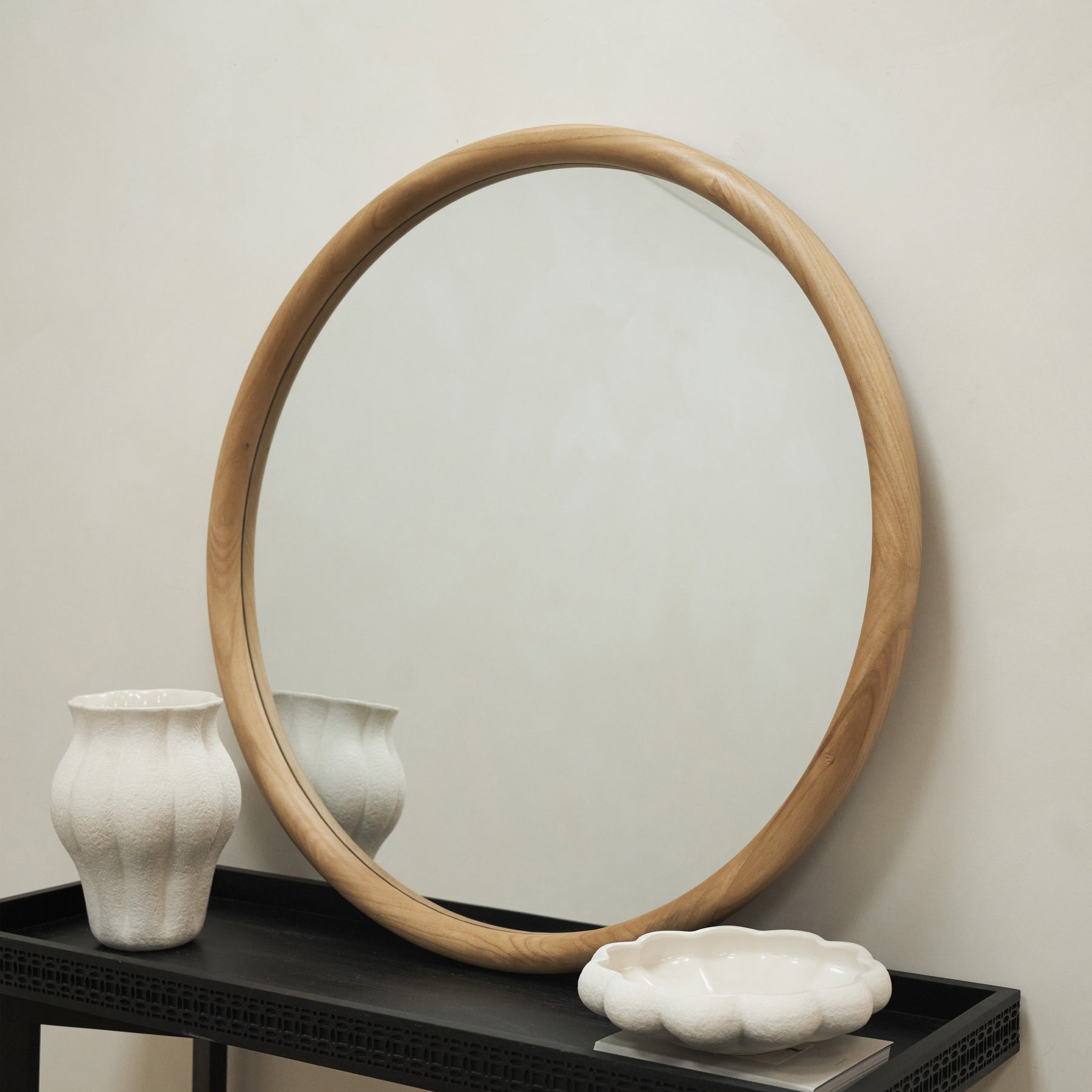 Amora - Large Light Wood Round Wall Mirror 90cm x 90cm