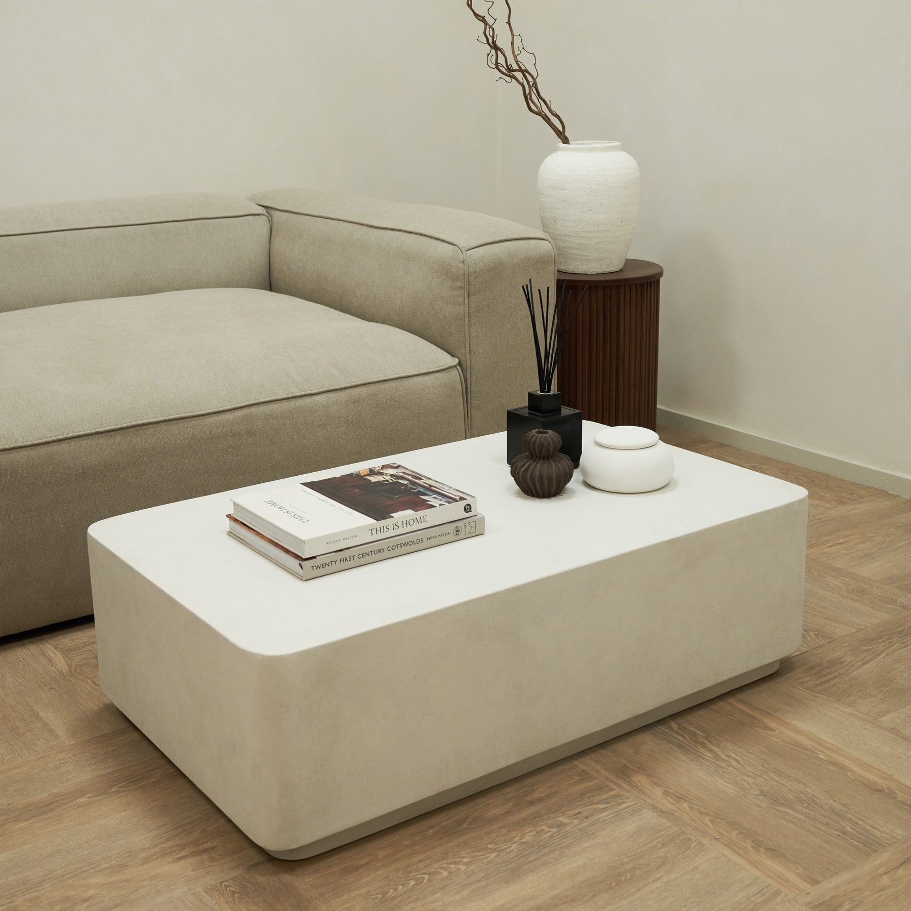 Minimal Concrete Rectangular Coffee Table Large beside sofa and plinth