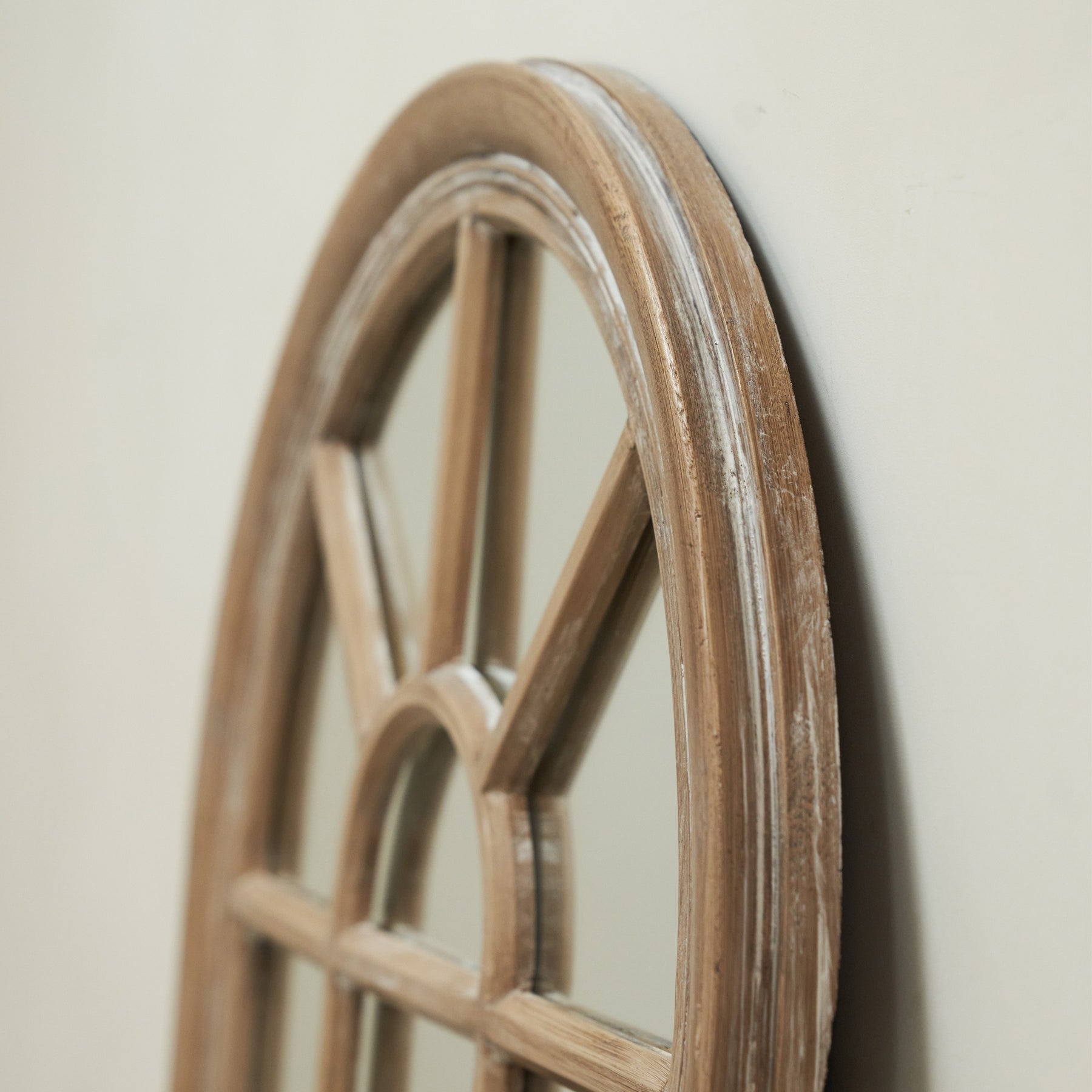 Side-on shot of Washed Wood Arched Shabby Chic Window Mirror