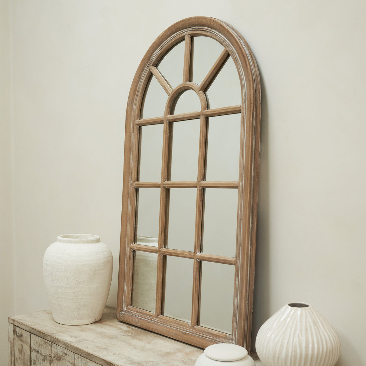 Washed Wood Arched Shabby Chic Window Mirror on console table