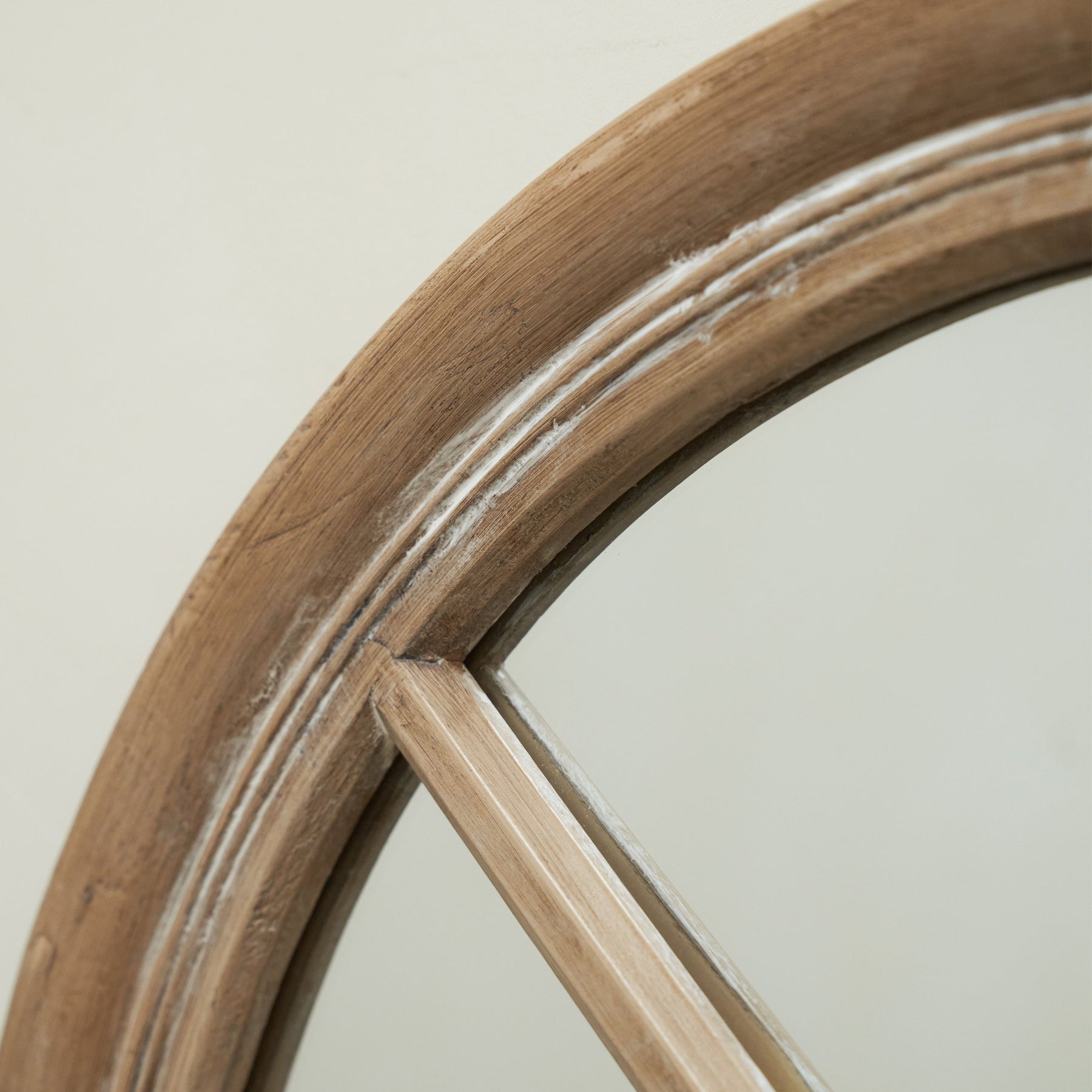 Detail shot of Washed Wood Arched Shabby Chic Window Mirror arch