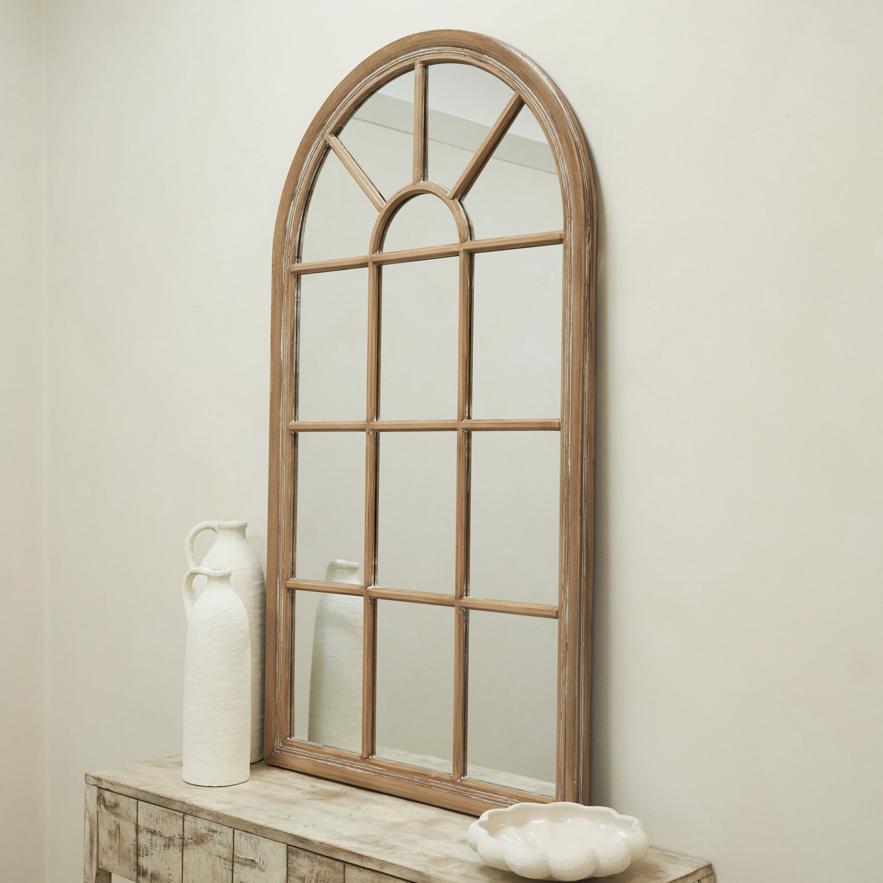 Large Washed Wood Arched Shabby Chic Window Mirror on console table