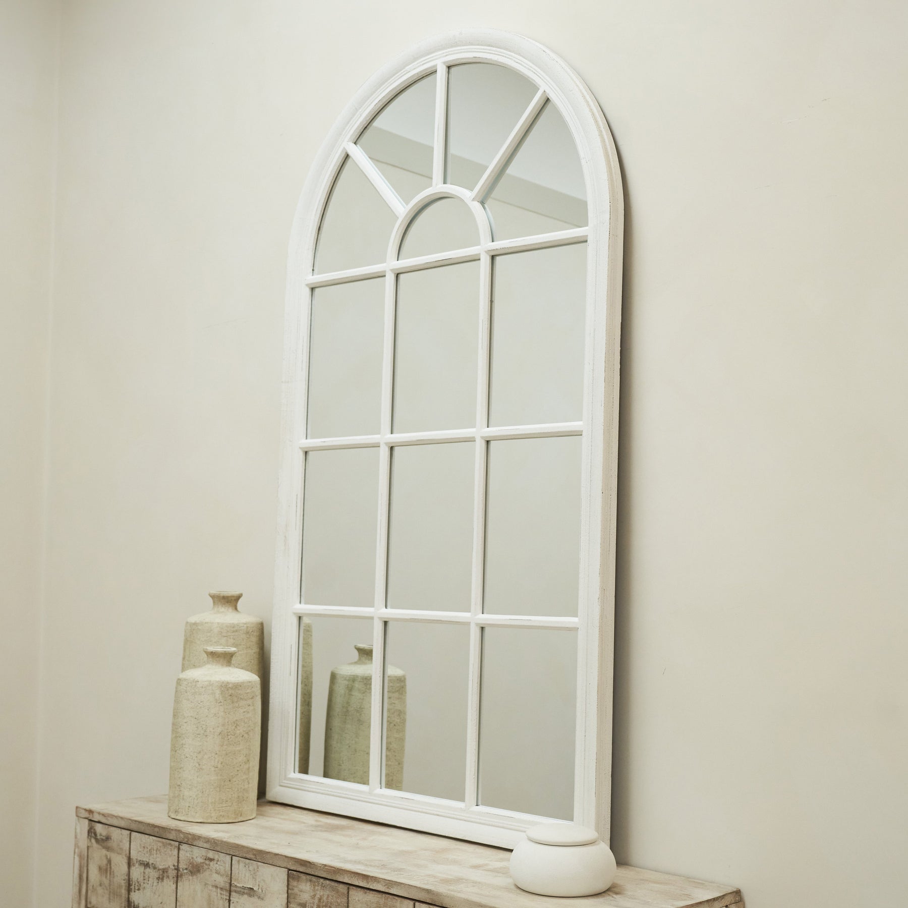 Large White Arched Shabby Chic Window Mirror on console table