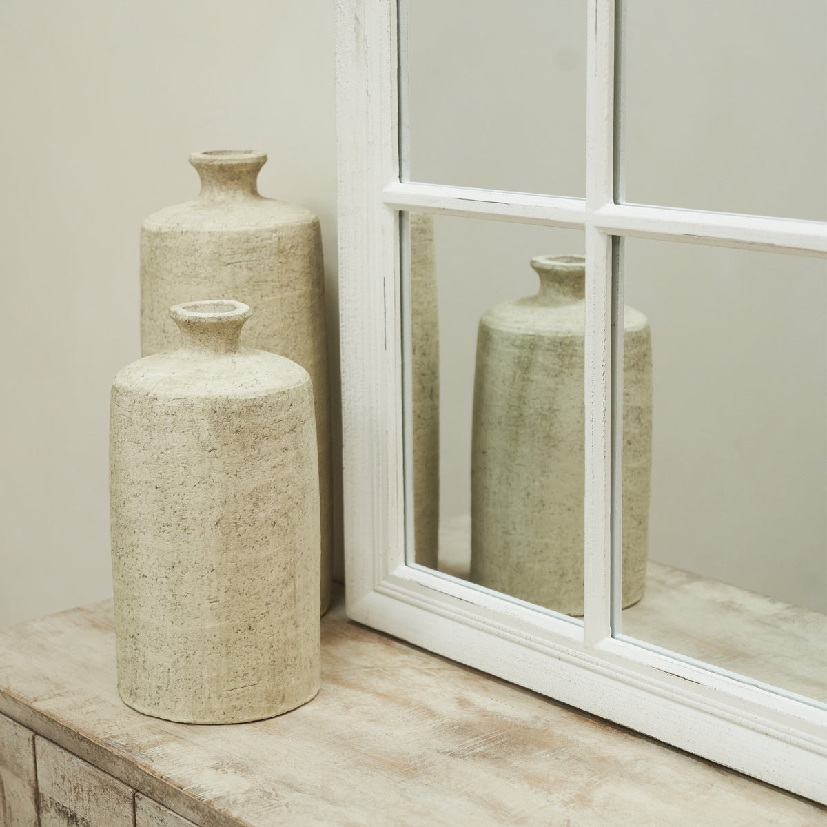 Detail shot of Large White Arched Shabby Chic Window Mirror frame corner