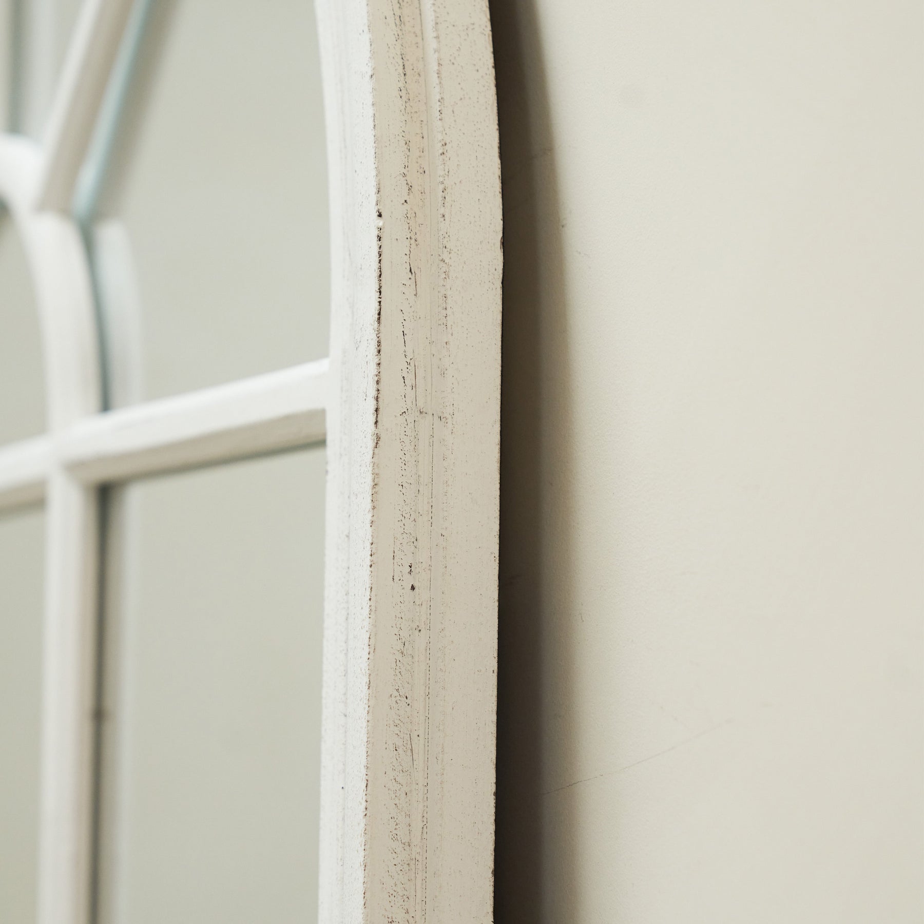 Side-on shot of Large White Arched Shabby Chic Window Mirror