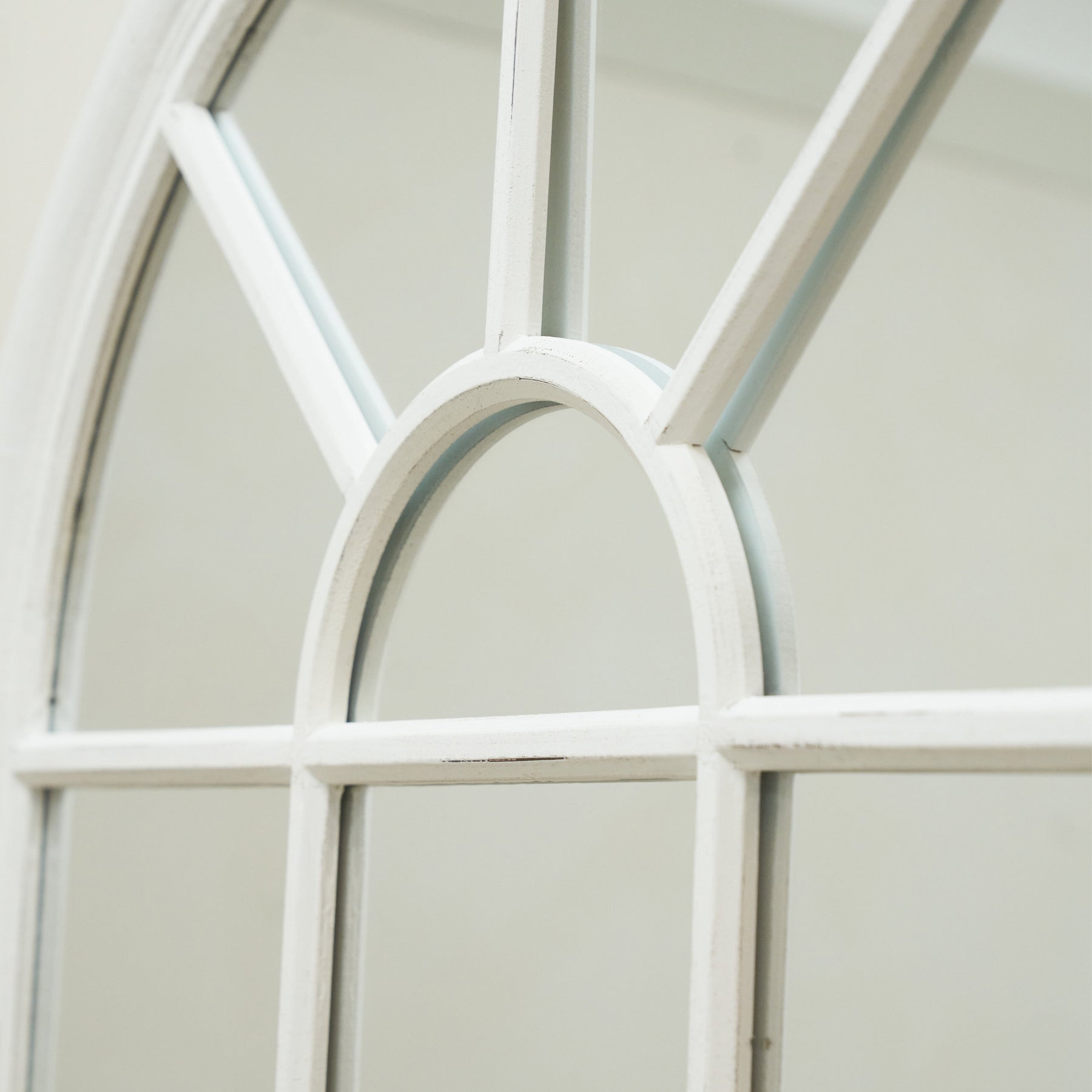 Detail shot of our Large White Arched Shabby Chic Window Mirror window pane design