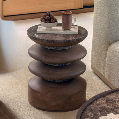Orinthia - Dark Emperador Marble Round Warm Wood Premium Side Table