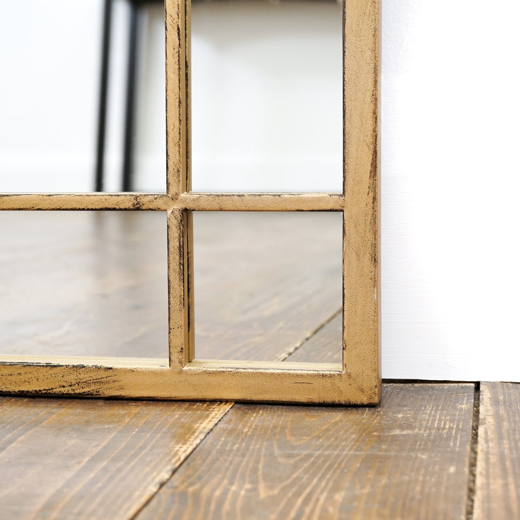 Gold industrial full length metal mirror closeup of vintage gold frame