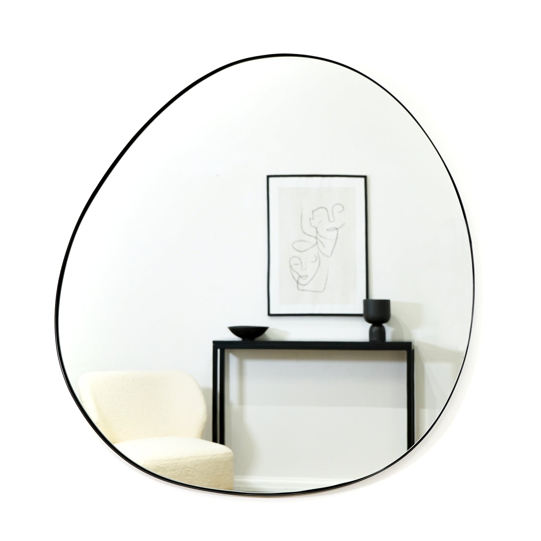 Black metal pond shaped irregular wall mirror