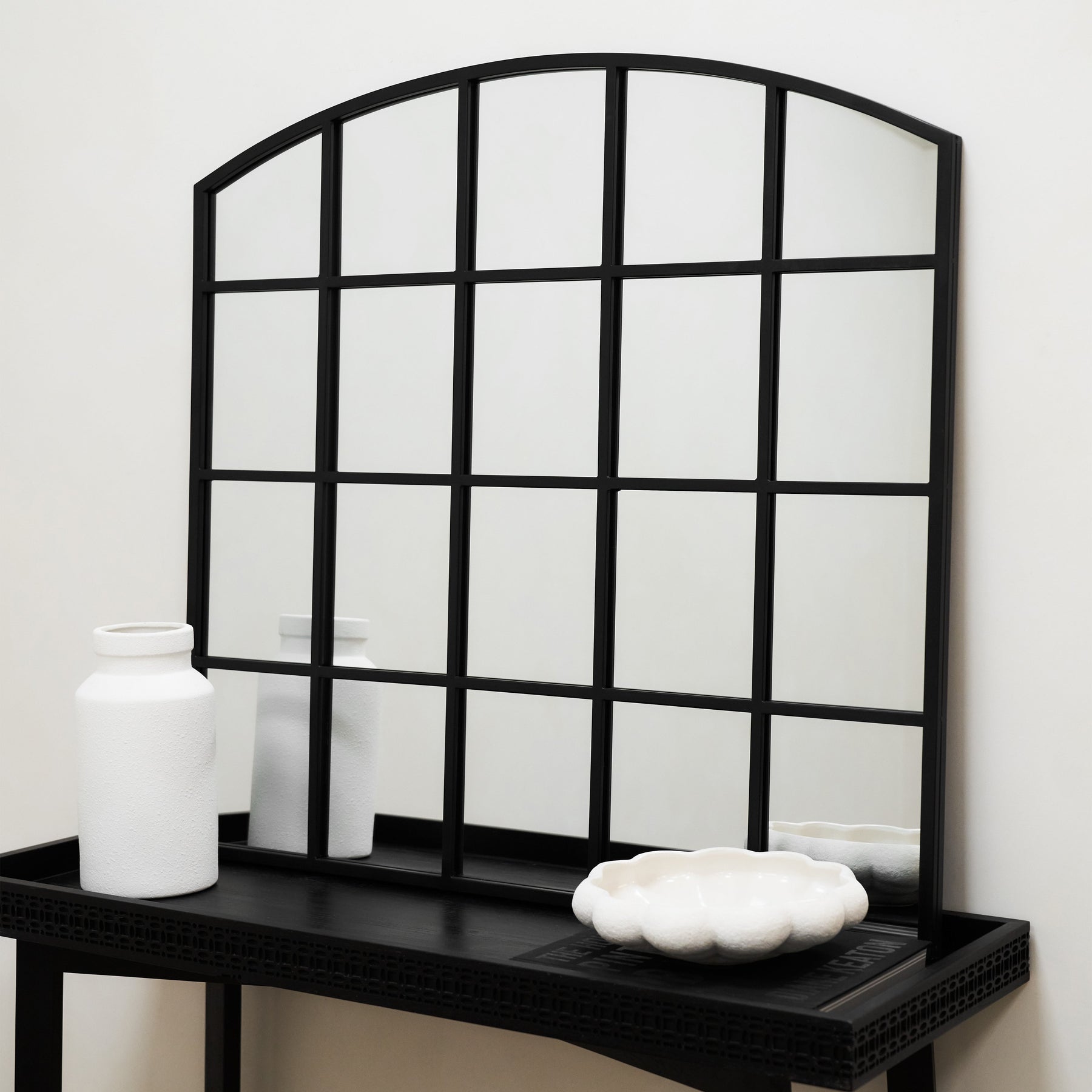 Bridgewater Console - Black Industrial Arched Metal Window Mirror 96cm x 90cm